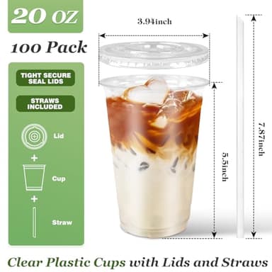 Charmount 100 Sets- 20 oz Clear Plastic Cups with Lids and Straws, Disposable To Go Cups for Cold Drinks, Coffee Bar Accessories, Iced Coffee, Smoothies - Image 2
