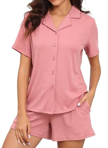 BEKOFO Women Ribbed Knit Pajamas Button Down Lounge Set 2 Pieces Pj Sets Loungewear Pearl pink S - Image 1