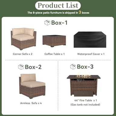 Aoxun 8 Piece Patio Furniture Set with 44” Fire Pit Table Wicker Rattan Outdoor Sectional Sofa Set with Coffee Table and Thickened Cushions, Beige (Waterproof Cover Included) - Image 6