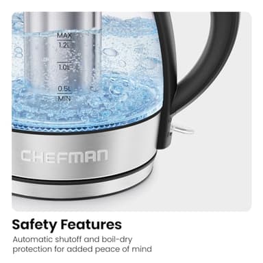 CHEFMAN Electric Kettle - 1.2L 1500W Hot Water Tea Pot with Infuser, BPA Free, Auto Shut Off, Boil-Dry Protection, Removable Lid, LED Light, Cordless Glass Electric Tea Kettle – Stainless Steel - Image 7