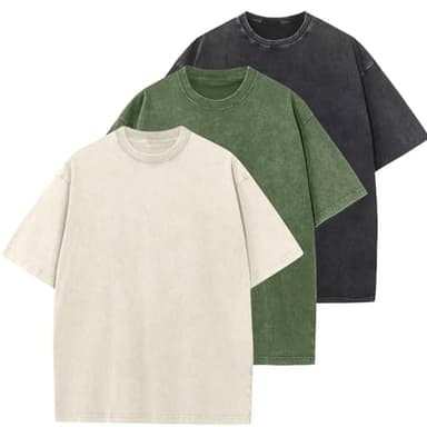 3 Pcs Oversized Heavy Cotton Summer T-Shirts Vintage Unisex Short Sleeves Casual Loose Basic Tops(Beige+ArmyGreen+Black L) - Image 1