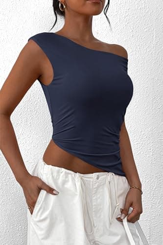 PRETTYGARDEN Womens 2025 Summer Off The Shoulder Crop Tops Sleeveless One Shoulder Ruched Asymmetrical Y2K Going Out Tank Top (Navy,X-Large) - Image 4