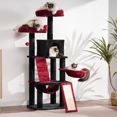 Heybly Cat Tree, Gothic Cat Tower for Indoor Cats, Multi-Level Cat Furniture Condo for Cats with Padded Plush Perch, Cozy Basket and Scratching Board, Black and Red HCT014BR - Image 7