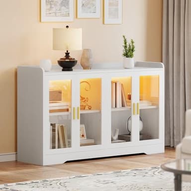 YITAHOME Home Bar Cabinet w/LED Light, 55" Liquor Cabinet with 4 Doors, Coffee Bar Cabinet with Adjustable Shelves, Wine Cabinet for Kitchen, Living Room, White - Image 1