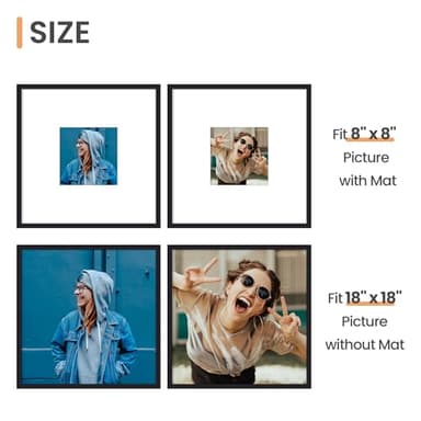 upsimples 18x18 Picture Frame, Display Pictures 8x8 with Mat or 18 x 18 Without, Wall Hanging Square Frames, Black, 1 Pack - Image 3