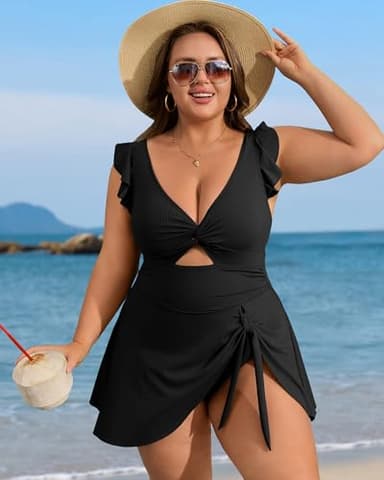 Charmo Women's Tie Knot Plus Size Swimsuit for Women Tummy Control One Piece Bathing Suit Slimming Ruffle Swimdress Black 2X - Image 5