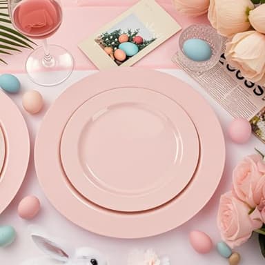 FLOWERCAT 100PCS Pink Plastic Plates - Heavy Duty Pink Party set Disposable serve for 50 guests -10 inch Dinner + 7 inch Dessert/Salad Plates for Easter,Birthday Party,Mother's Day - Image 8