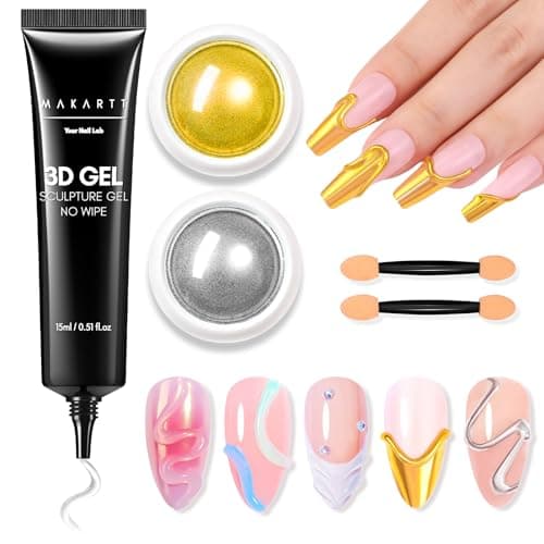 Makartt 3D Nail Gel and Chrome Nail Powder Kit, 15g Sculpting Gel for Nail Art DIY No wipe 3D Molding and Metallic Chrome Powder Set for Decoration Manicure Pedicure Use - Image 1