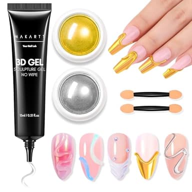 Makartt 3D Nail Gel and Chrome Nail Powder Kit, 15g Sculpting Gel for Nail Art DIY No wipe 3D Molding and Metallic Chrome Powder Set for Decoration Manicure Pedicure Use - Image 1