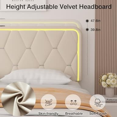 VECELO Upholstered Twin Bed Frame with Headboard Adjustable, Velvet Platform Bed with LED Lights, Charging Station, Mattress Foundation with Wooden Slats, Noise Free, No Box Spring Needed, Beige - Image 6