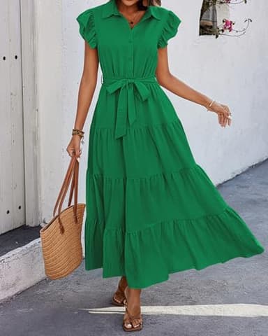 dowerme Women's Summer Casual Dresses 2025 Cap Ruffle Sleeve V Neck Button Belted Tiered Boho Maxi Dress with Pockets(Bright Green,Medium) - Image 6