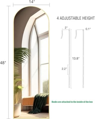 KOMCOTE Full Length Mirror 48x14 Inches - Over The Door Hanging Mirror for Bedroom, Living Room, Closet - Arch Floor Mirror, Door Mirror with Gold Frame - No Drill Easy Install - Image 4