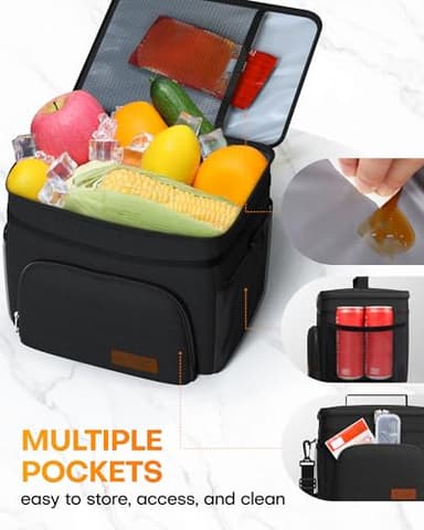 HOTOR Insulated Lunch Box for Men & Women - Leak-Proof Cooler Lunch Bag with 4 Pockets, Adjustable Strap, Ideal for Work, Picnic, Travel - Medium, Black, 10.2"×6.9"×8.5" - Image 5