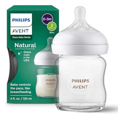 Philips Avent Natural Glass Baby Bottle with Natural Response Nipple (Slow Flow, Flow 2), 4oz, SCY910/01 - Image 1