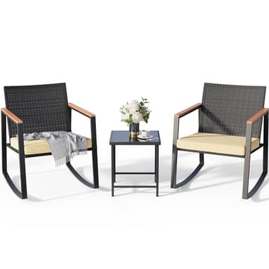 Gizoon 3 Pieces Rocking Patio Bistro Set with Anti-Scald Armrest, Outdoor Patio Wicker Furniture Set with Glass Table and Cushion for Garden, Yard, Porch - Image 1