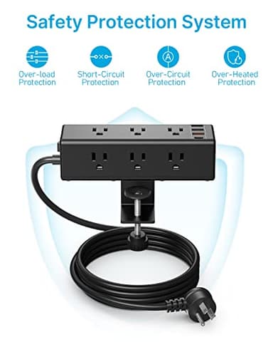 CCCEI Desk Clamp Power Strip with 9 Outlets, Desktop Edge Mount Surge Protector with USB-A and USB-C Ports, Widely Spaced Desk Outlet Fast Charging Station, 6 FT Flat Plug, Fit 1.6 inch Table. - Image 7