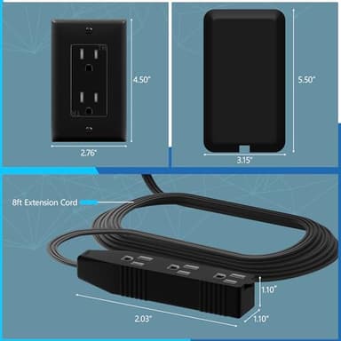 LIDER Flat-Face Outlet Extender with 3 Receptacles, Ultra-Thin Wall Plate Plug with Cord Extender and 3-Outlet Power Strip, 8ft Cord, LWE8-315-BK, ETL-Listed, Black - Image 2