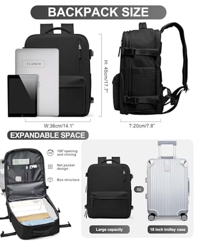 WONHOX Travel Backpack Women,Carry On Backpack Flight Approved 18x14x8 inches Bag Spirit Airlines Personal ltem,College Sports Hiking Rucksack Waterproof Casual Daypack Laptop Blackpack Men,Black - Image 3