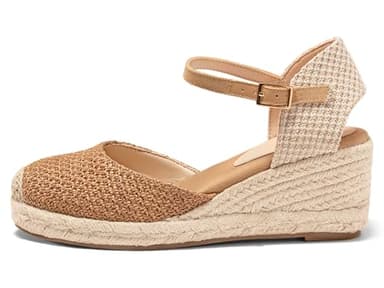 Coutgo Womens Platform Wedge Sandals Espadrilles Raffia Closed Toe Heels Ankle Buckle Strap Summer Beach Shoes, Brown, size 10 - Image 4