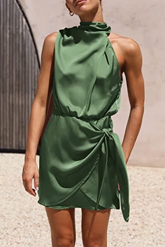 PRETTYGARDEN Women's Short Formal Satin Dress Summer Sleeveless Mock Neck Tie Waist Cocktail Party Dresses (Army Green,Small) - Image 8