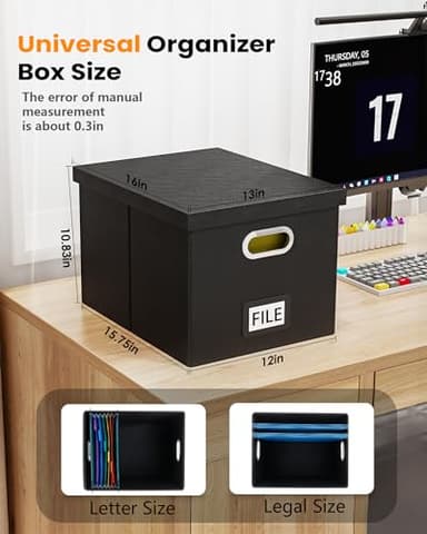 2 Pack File Storage Organizer Box, Portable Filing With Lid, Fit for Letter/Legal Folder Storage, Black (Leather) - Image 3