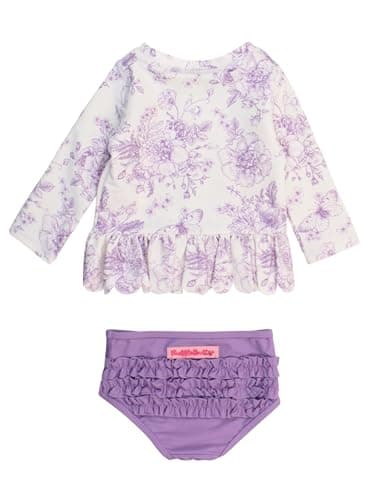 RuffleButts Baby/Toddler Girls Scalloped Long Sleeve Rash Guard 2-Piece UPF50+ Sun Protected Swimsuit - Wisteria Purple Butterfly Garden Toile, 12-18m - Image 2