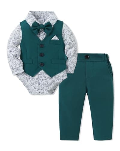 DISAUR Baby Boy Wedding Outfit Long Sleeve Infant White Flower Shirt Green Vest Pants Bow Tie Baby Blessing Outfits For Boys 1t 12 18 Months - Image 1