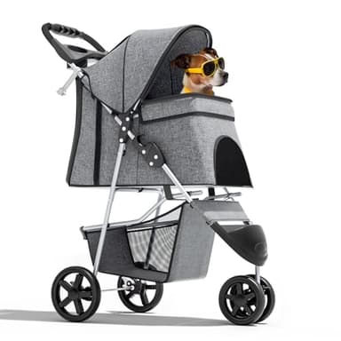 Magshion 3-Wheel Pet Stroller, Foldable Travel Jogger for Small & Medium Dogs & Cats (Up to 33lbs), Lightweight Carrier with Breathable Mesh Cover, Cup Holder & Storage Basket, Gray - Image 1