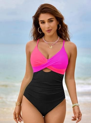popvil One Piece Swimsuit Women 2025 Tummy Control High Waisted Bathing Suit V Neck Swimwear Neon Sexy Cut Out Tie Back Swim Suits,Neon Orange,X-Large - Image 4