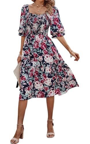 PRETTYGARDEN Women's Summer Casual Midi Dress 2025 Spring Puff Sleeve Square Neck A-line Flowy Boho Floral Smocked Dresses (Blue Red Flower,XL) - Image 4