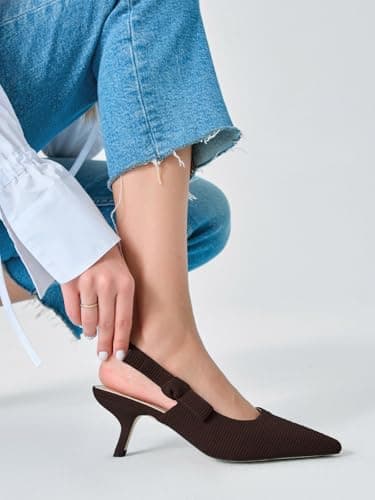 Coutgo Womens Slingback Kitten Heels Closed Pointed Toe Bowknot Knitted Slip On Work Pumps Dress Shoes, Coffee, Size 8.5 - Image 2