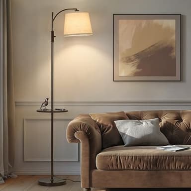 AIDENOEY Fully Dimmable Floor Lamp for Living Room，Standing Lamp Rotary Switch with Table&Linen Beige Shade，Brown Tall Lamps for Bedroom with Adjust Head，9W LED Bulb Included - Image 1