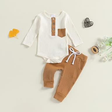 fhutpw Baby Boy Clothes 3 6 12 18 Months Ribbed Knitted Long Sleeve Romper and Pants Sets Newborn Fall Splicing Color Outfits (White&Khaki, 0-3 Months) - Image 2