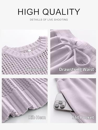 ANRABESS Women Two Piece Outfits Crochet Sheer Knit Sweater Top Wide Leg Pants Lounge Matching Sets Sweatsuit Travel Clothes Light Purple Small - Image 6