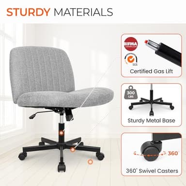 Orange Factory Criss Cross Chair Wheels Wide Cross Legged Office Desk Vanity Chair Comfy Fabric Armless Adjustable Swivel for Home Computer Task (Gray) - Image 7