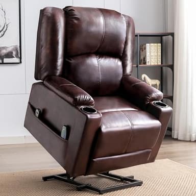 COMHOMA Power Lift Recliner for Elderly,Lift Chair with Heat and Massage,PU Recliner Sofa with Timing Function 2 Side Pockets,Cup Holders and Infinite Position for Living Room (Brown) - Image 1