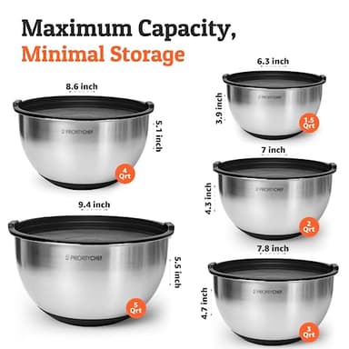 Priority Chef Premium Mixing Bowls With Lids Set, Airtight Lids, Thicker Stainless Steel Mixing Bowl Set, Large Prep Metal Bowls, Nesting Bowls for Kitchen, 1.5/2/3/4/5 Qrt, Black - Image 3
