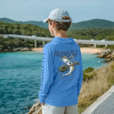 Palmyth Boys Fishing Shirt Youth Hoodie Sun Protection UPF 50+ Long Sleeve Hooded Shirts Carolina Guitar Marlin L - Image 4
