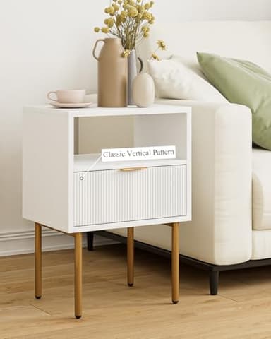 Masupu Nightstand,Mid-Century Modern Bedside Table with Storage Drawer and Open Wood Shelf,Small Gold Frame Side Table for Bedroom,Living Room,White - Image 4