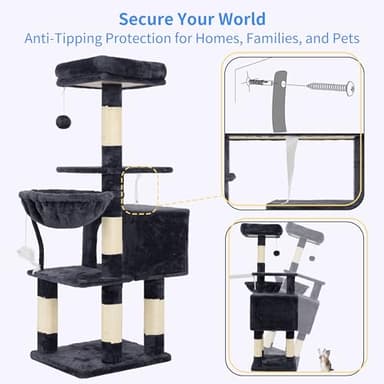 Heybly Cat Tree with Toy, Cat Tower Condo for Indoor Cats, Cat House with Padded Plush Perch, Cozy Hammock and Sisal Scratching Posts, Smoky Gray HCT004SG - Image 6