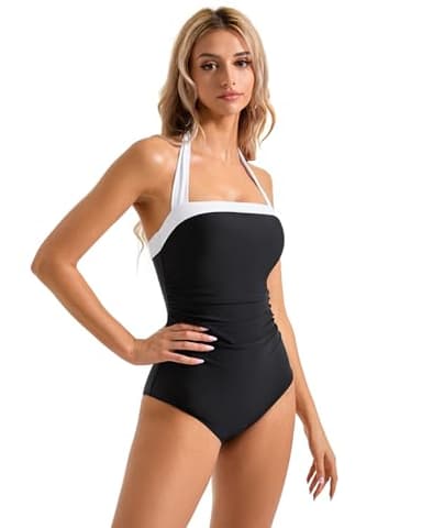 SUUKSESS Women Sexy Tummy Control One Piece Swimsuits Halter Slimming Retro Monokini Bathing Suits Color Block Swimwear (Black White,S) - Image 5