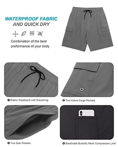SILKWORLD Mens Swim Trunks with Compression Liner Swimming Shorts Quick Dry Bathings Suits with Cargo Pockets (Grey, XX-Large) - Image 5