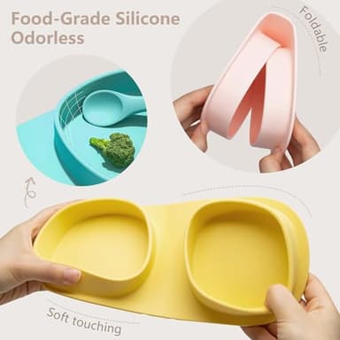 yahaa Silicone Foldable Novelty Dinner Plates,Baby Plates Travel Essential with Forks and Spoons,Microwave & Dishwasher Safe,Blush - Image 4