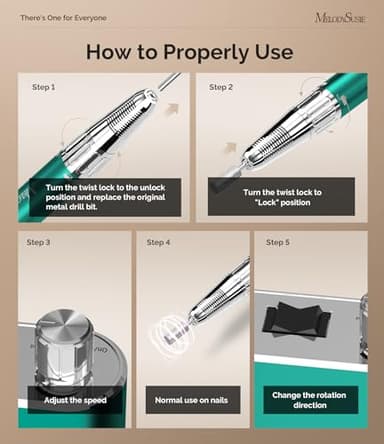 MelodySusie 35000RPM MM400C Nail Drill Professional, Rechargeable Cordless Nail File Portable Efile for Acrylic Gel Nails Remove, 8Pcs Nail Drill Bits, Low Noise Low Heat, Sparkle Plus, Green - Image 5
