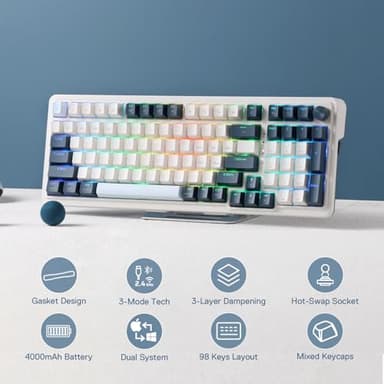 Redragon K686 PRO 98 Keys Wireless Gasket RGB Gaming Keyboard, 3-Mode Win/Mac Mechanical Keyboard w/5-Layer Noise Dampening, Dedicated Knob Control & Hot-Swap in Linear Red Switch, Blue Himmel Color - Image 2