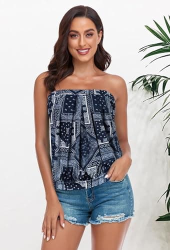 CHICGAL Women's Tube Tops Summer Bandeau Tank Off The Shoulder Casual Strapless Blouse Tunic Shirts (Navy Diamond,2XL) - Image 9