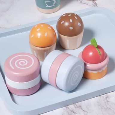 MONT PLEASANT 21pcs Wooden Breakfast Set Kids Pretend Play Toy Kitchen Accessories, Toddler Kitchen Playset with Coffee, Dessert, Cutting Bread, Butter, Wooden Toy Food Set Boys & Girls Birthday Gift - Image 4