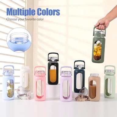 BLUEGO 64oz Glass Water Bottle with Handle and Straw, Motivational Sports Water Bottle with Time Marker and Silicone Sleeve Leakproof Drinking Bottle for Travel Gym Workout, Light Blue - Image 6