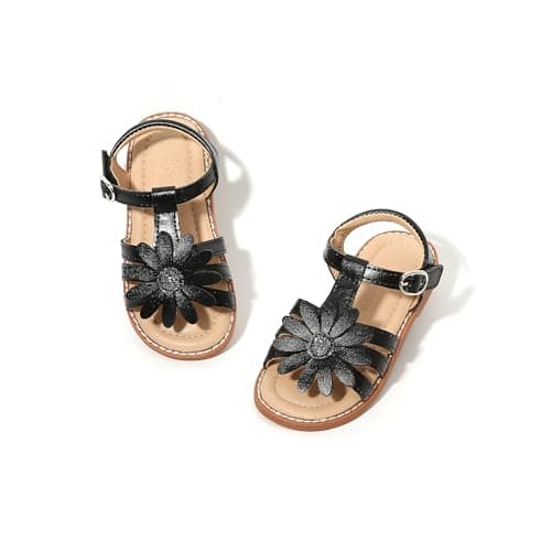 Flaryzone Toddler/Little Girls' Daisy Flower Wedding Dress Summer Flat Sandals (Black, Little Kid-Size 12) - Image 1