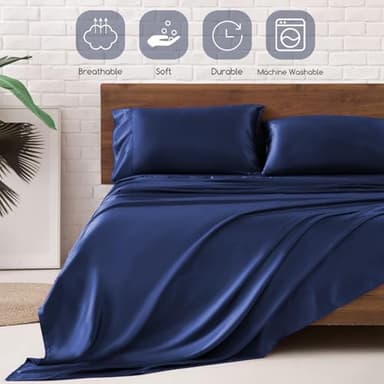 MR&HM Satin Bed Sheets, Queen Size Sheets Set, 4 Pcs Silky Bedding Set with 15 Inches Deep Pocket for Mattress (Queen, Navy Blue - Image 6
